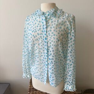 El and Gi Paris Vintage 70s Shirt Teal Blue Tulip Print Button Up Size M